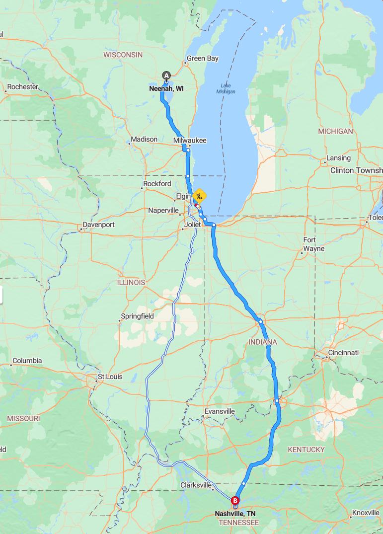 driving from Neenah, Wisconsin to NashvilleTennessee - map and route