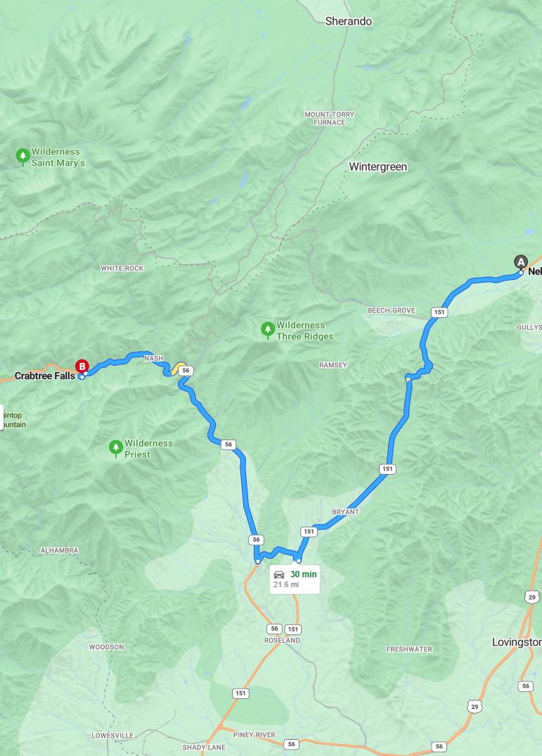 driving from Nellysford, Virginia to Crabtree FallsVirginia - map and route