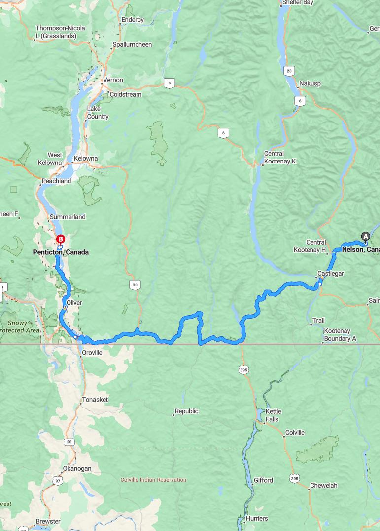 driving from Nelson, British Columbia to PentictonBritish Columbia - map and route