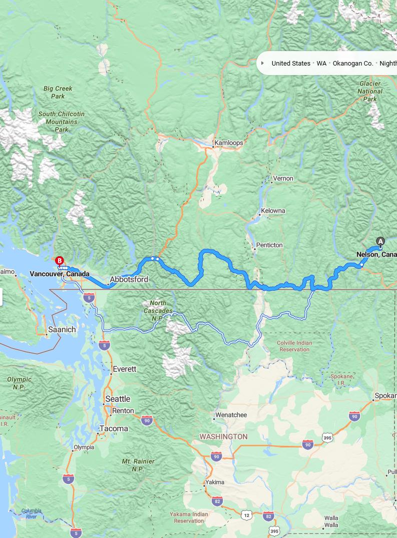 driving from Nelson, British Columbia to VancouverBritish Columbia - map and route