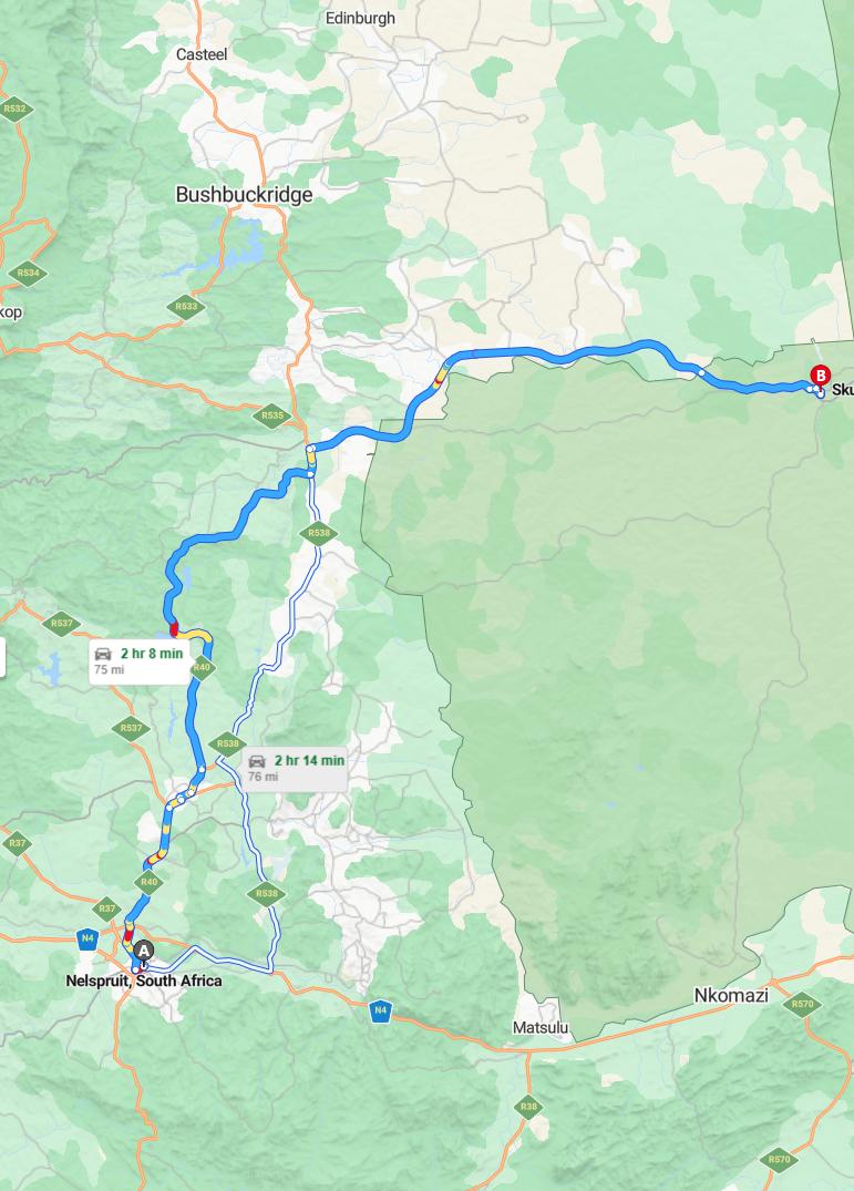 driving from Nelspruit, Mpumalanga to SkukuzaMpumalanga - map and route