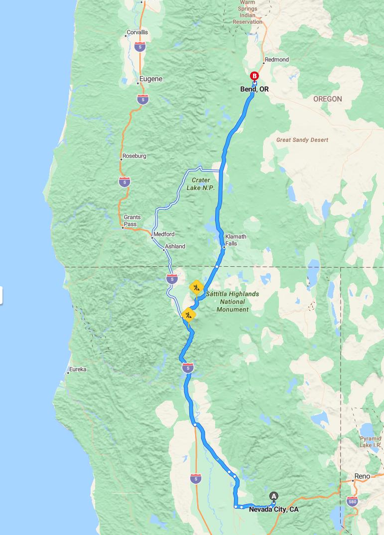 driving from Nevada City, California to BendOregon - map and route