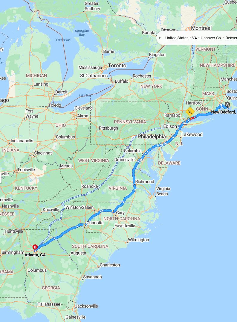 driving from New Bedford, Massachusetts to AtlantaGeorgia - map and route
