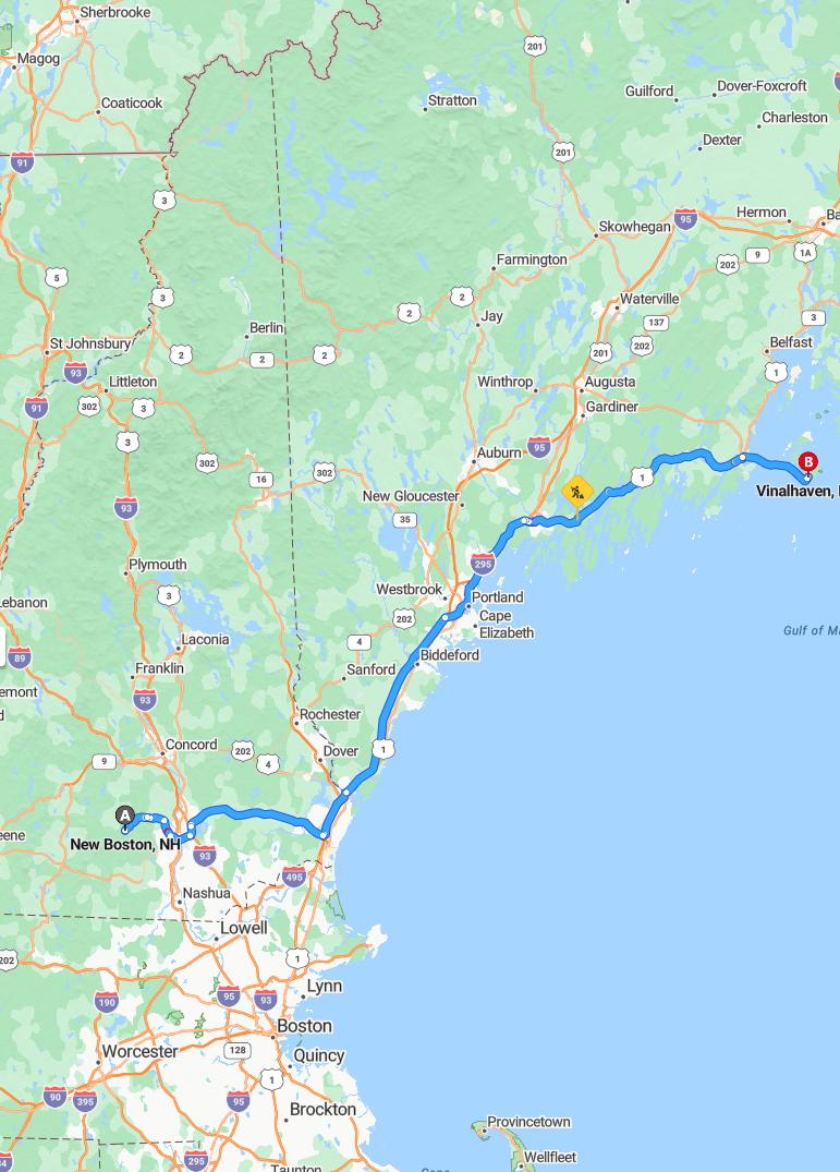 driving from New Boston, New Hampshire to VinalhavenMaine - map and route