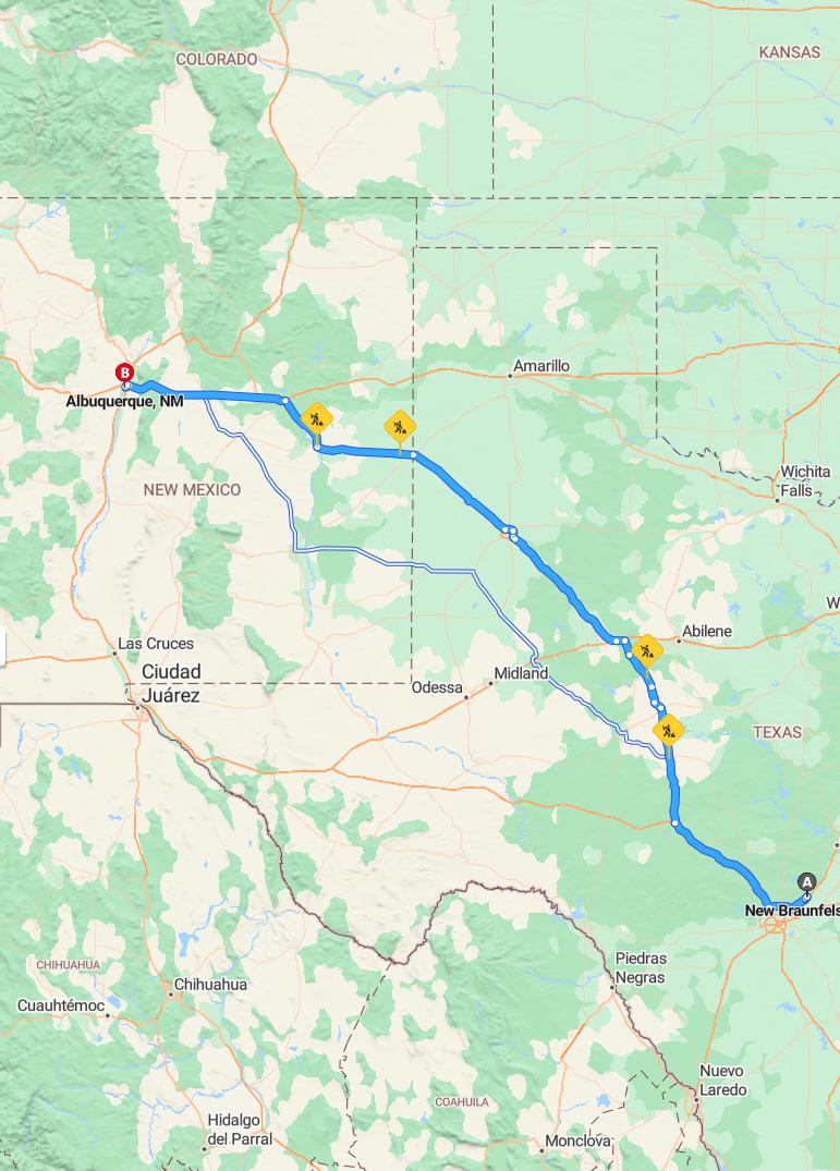 driving from New Braunfels, Texas to AlbuquerqueNew Mexico - map and route