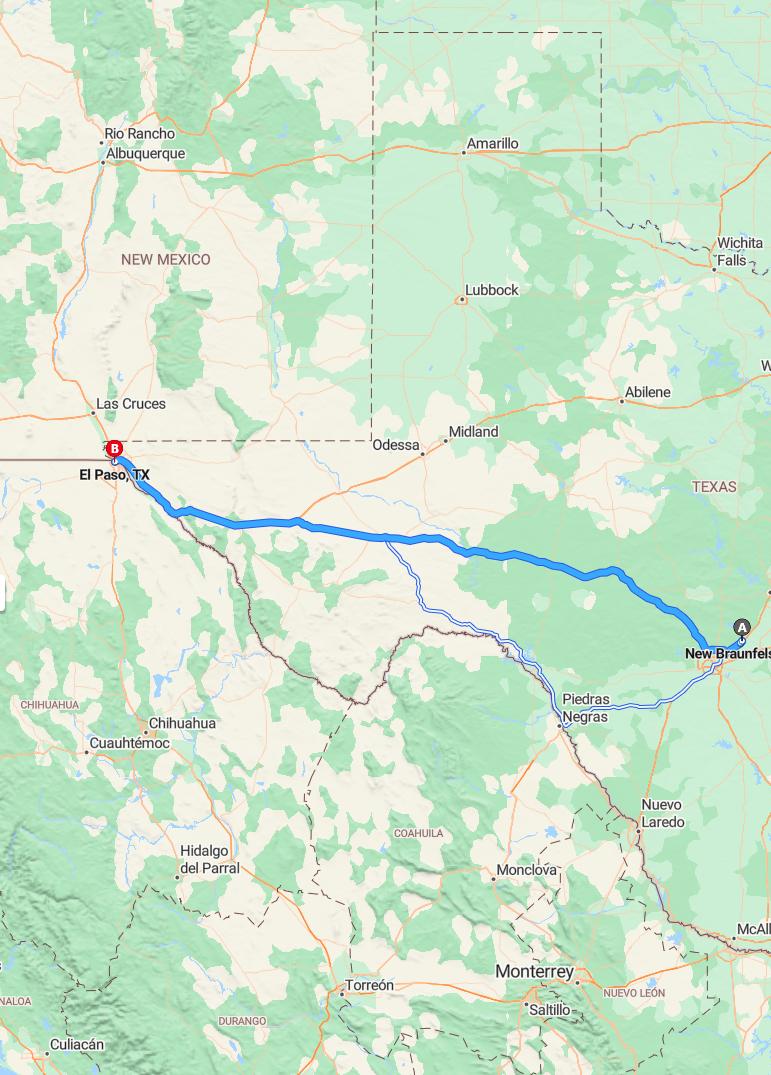 driving from New Braunfels, Texas to El PasoTexas - map and route