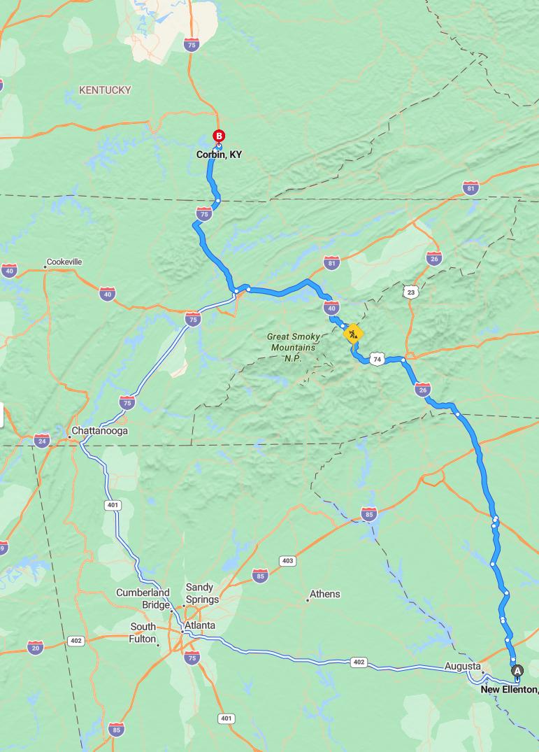 driving from New Ellington, South Carolina to CorbinKentucky - map and route