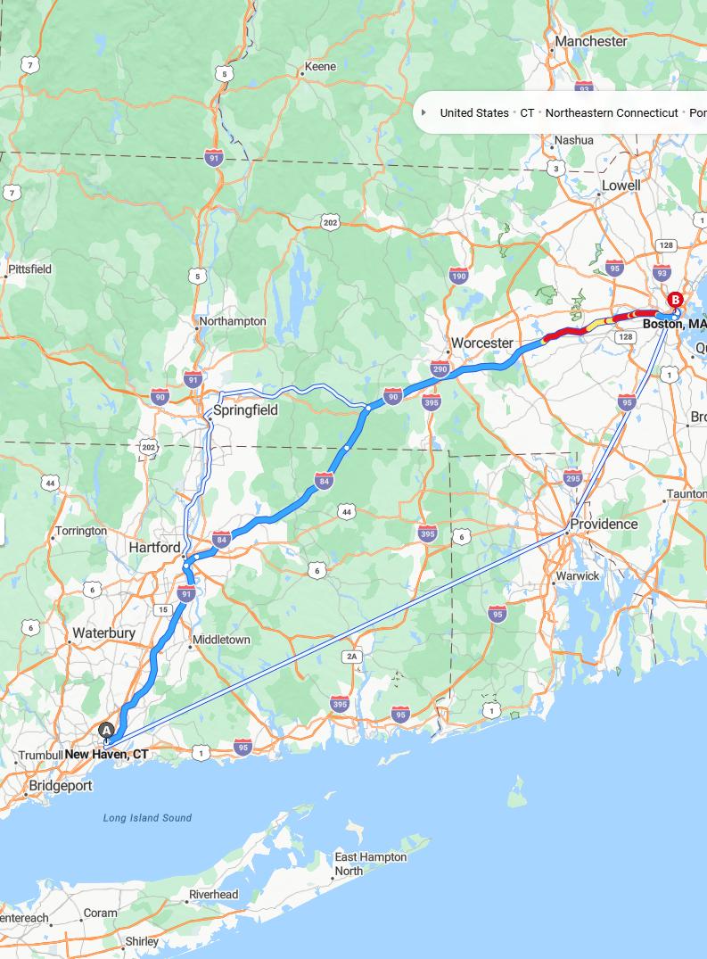 driving from New Haven, Connecticut to BostonMassachusetts - map and route