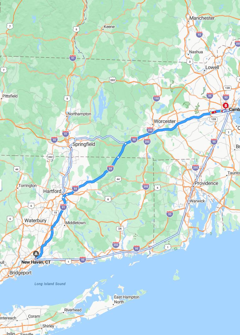 driving from New Haven, Connecticut to CambridgeMassachusetts - map and route