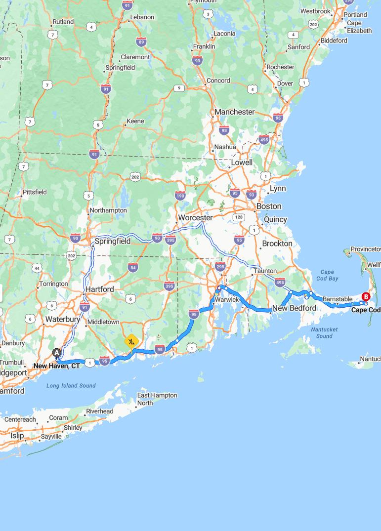 driving from New Haven, Connecticut to Cape CodMassachusetts - map and route
