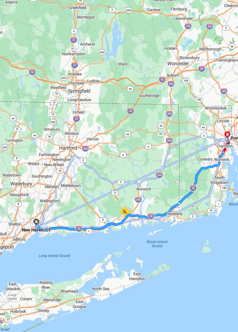 driving from New Haven, Connecticut to ProvidenceRhode Island - map and route