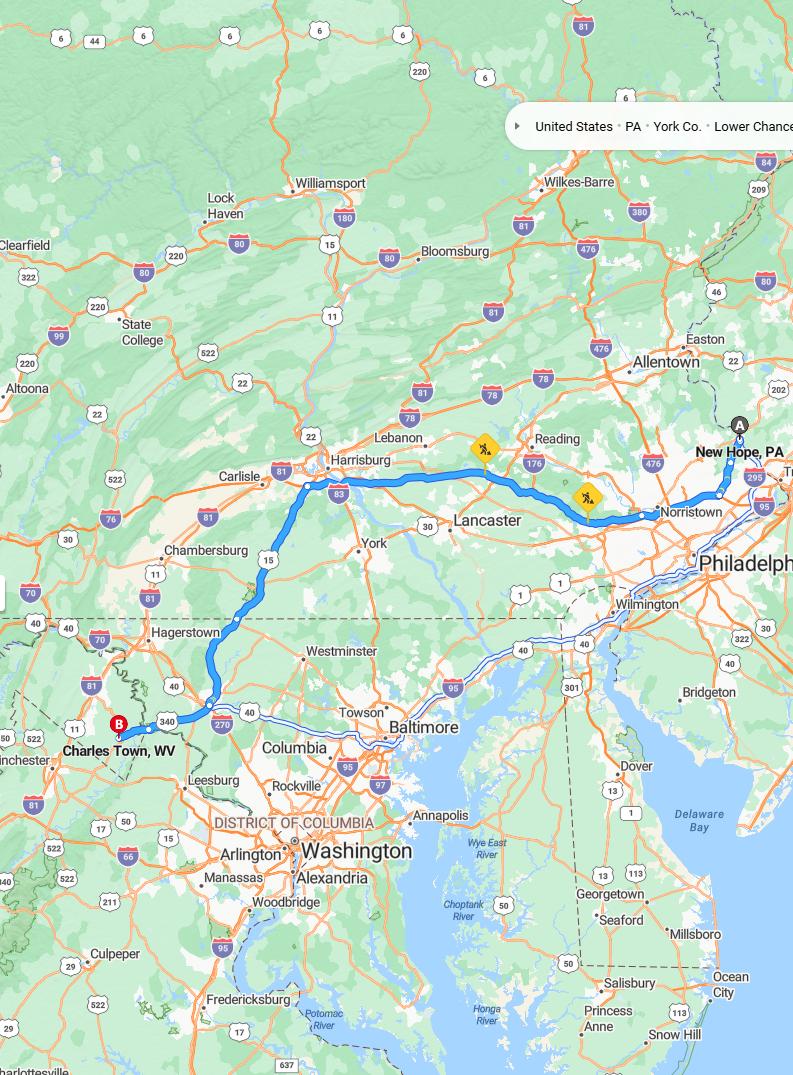 driving from New Hope, Pennsylvania to CharlestownWest Virginia - map and route