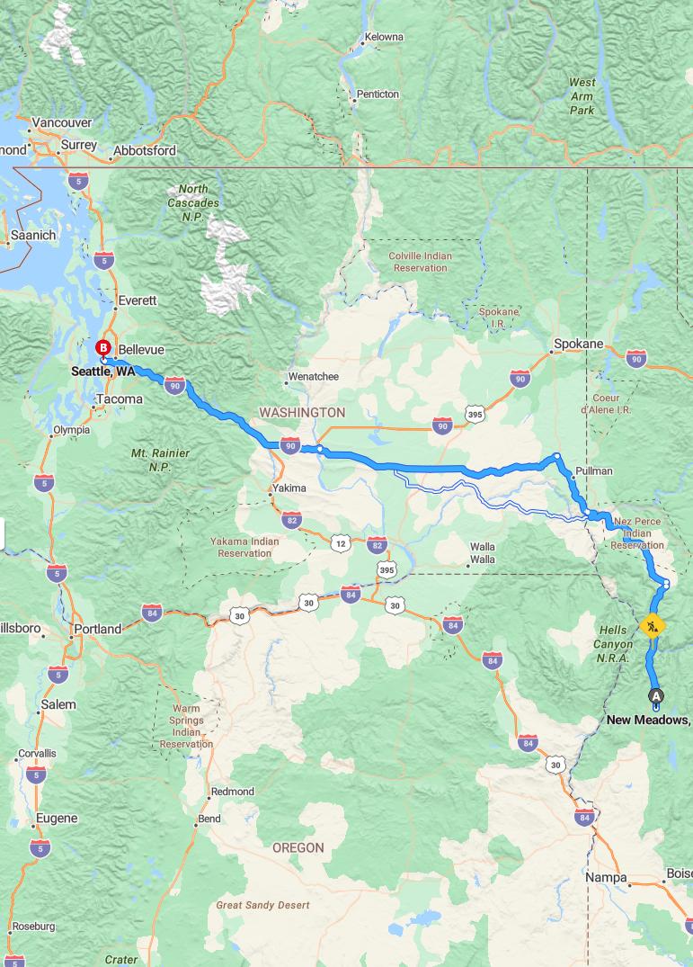 driving from New Meadows, Idaho to SeattleWashington - map and route