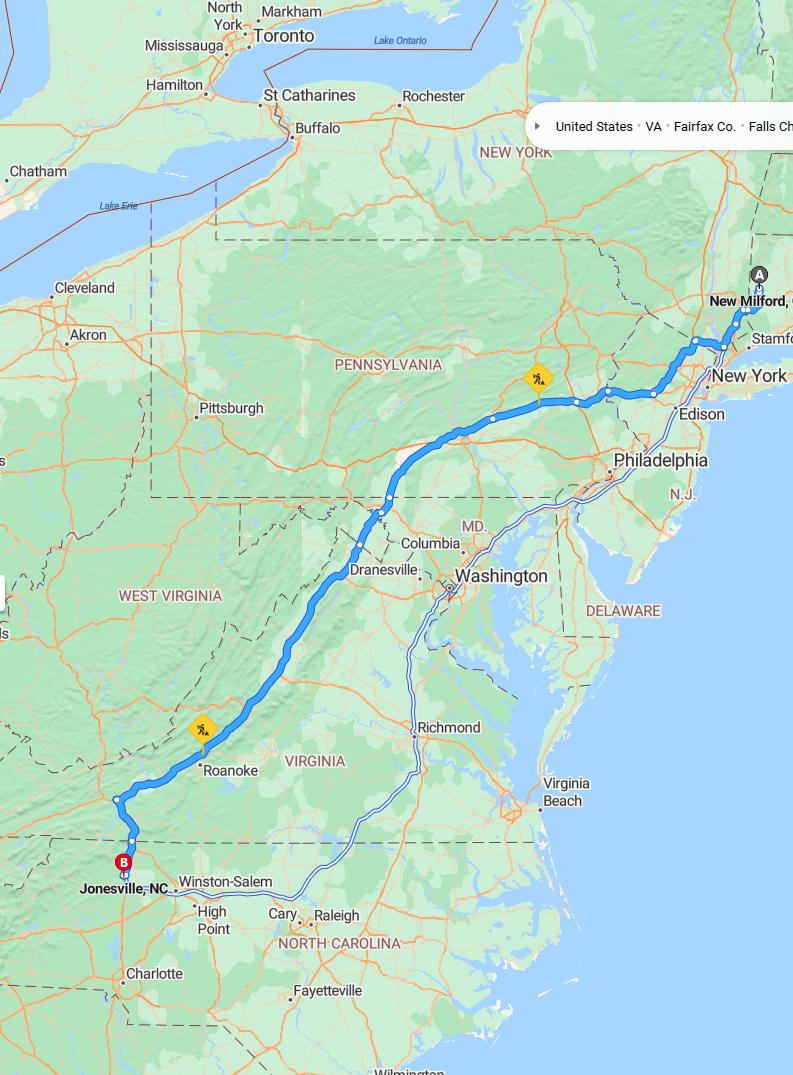 driving from New Milford, Connecticut to JonesvilleNorth Carolina - map and route