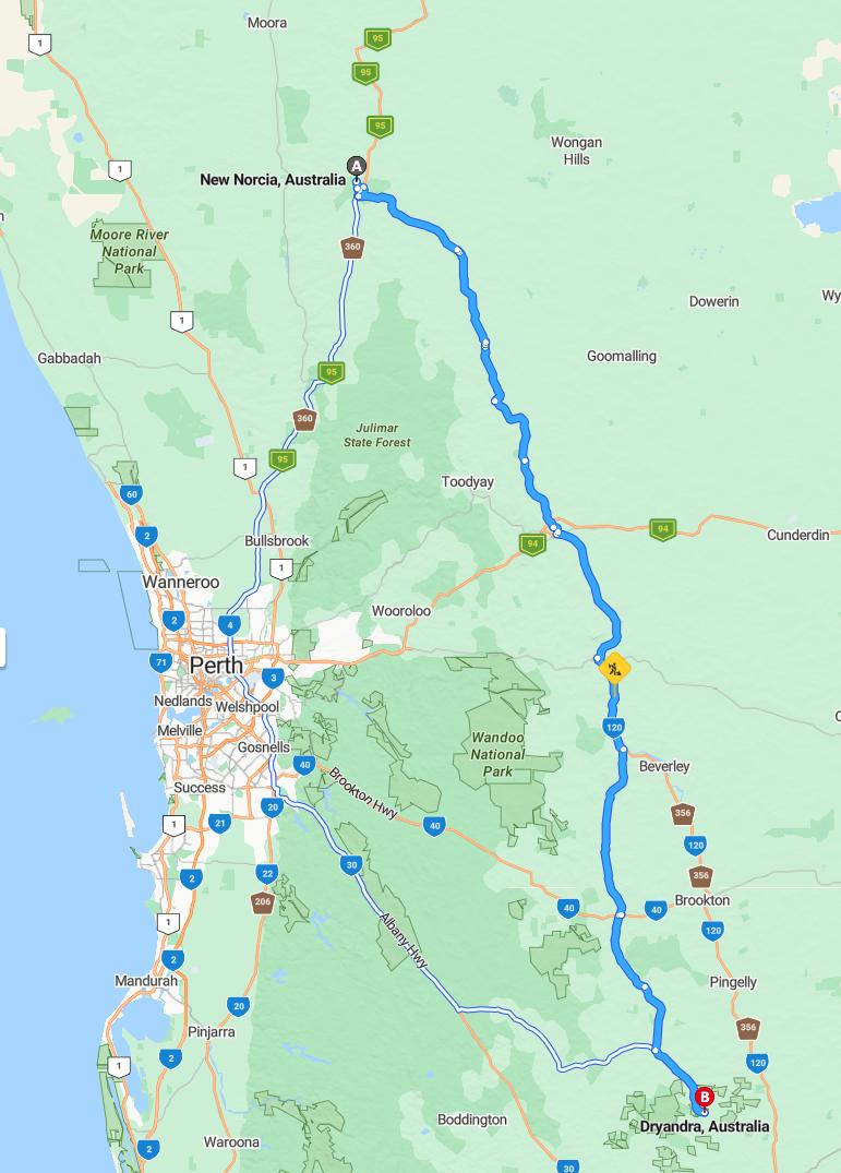 driving from New Norcia, Western Australia to DryandraWestern Australia - map and route