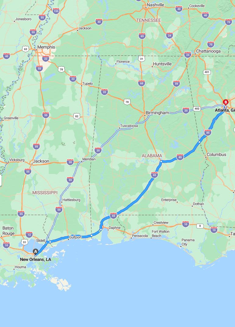 driving from New Orleans, Louisiana to AtlantaGeorgia - map and route