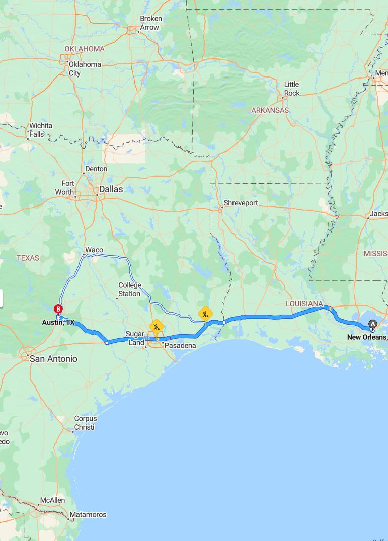 driving from New Orleans, Louisiana to AustinTexas - map and route