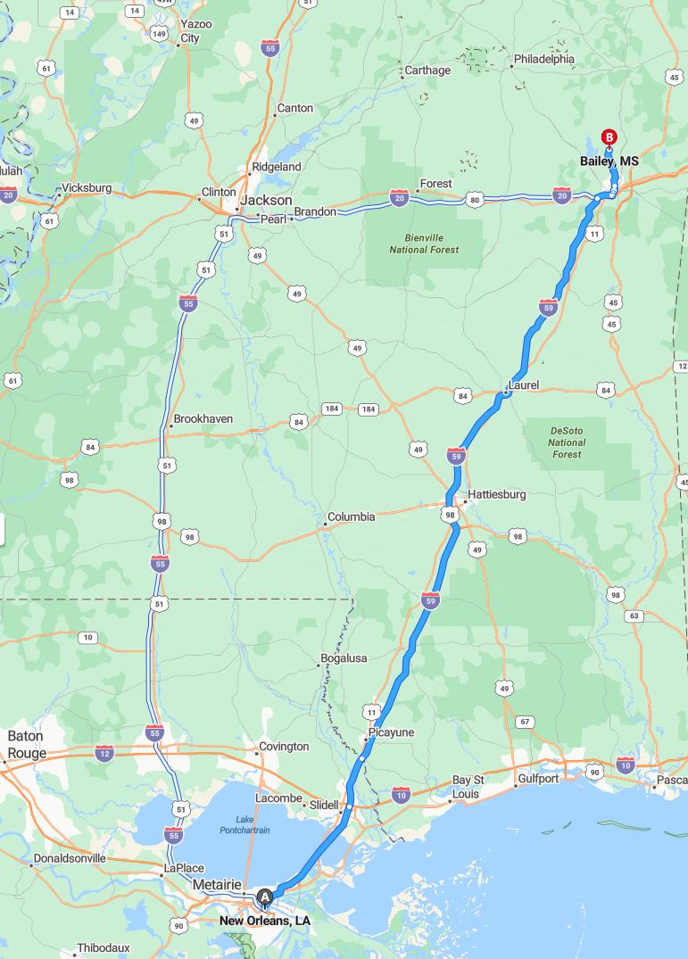 driving from New Orleans, Louisiana to BailyMississippi - map and route