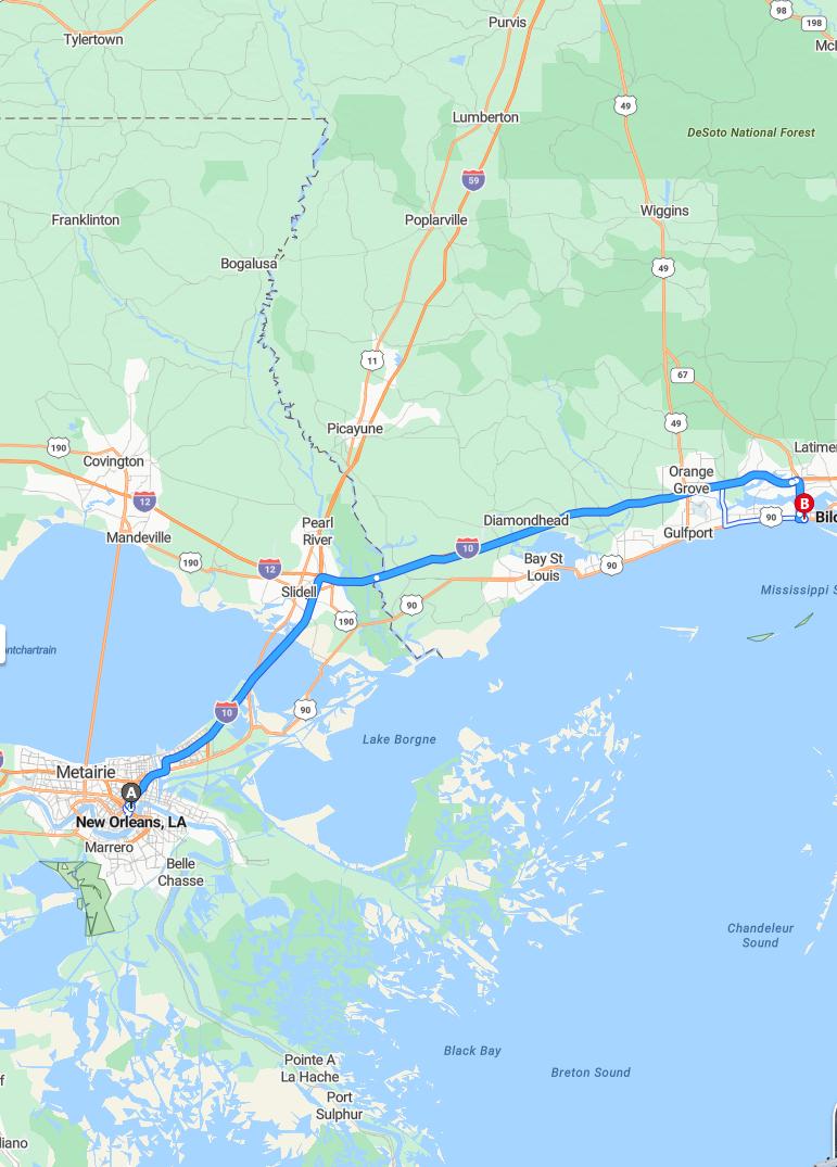 driving from New Orleans, Louisiana to BiloxiMississippi - map and route