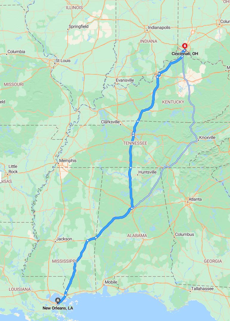 driving from New Orleans, Louisiana to CincinnatiOhio - map and route