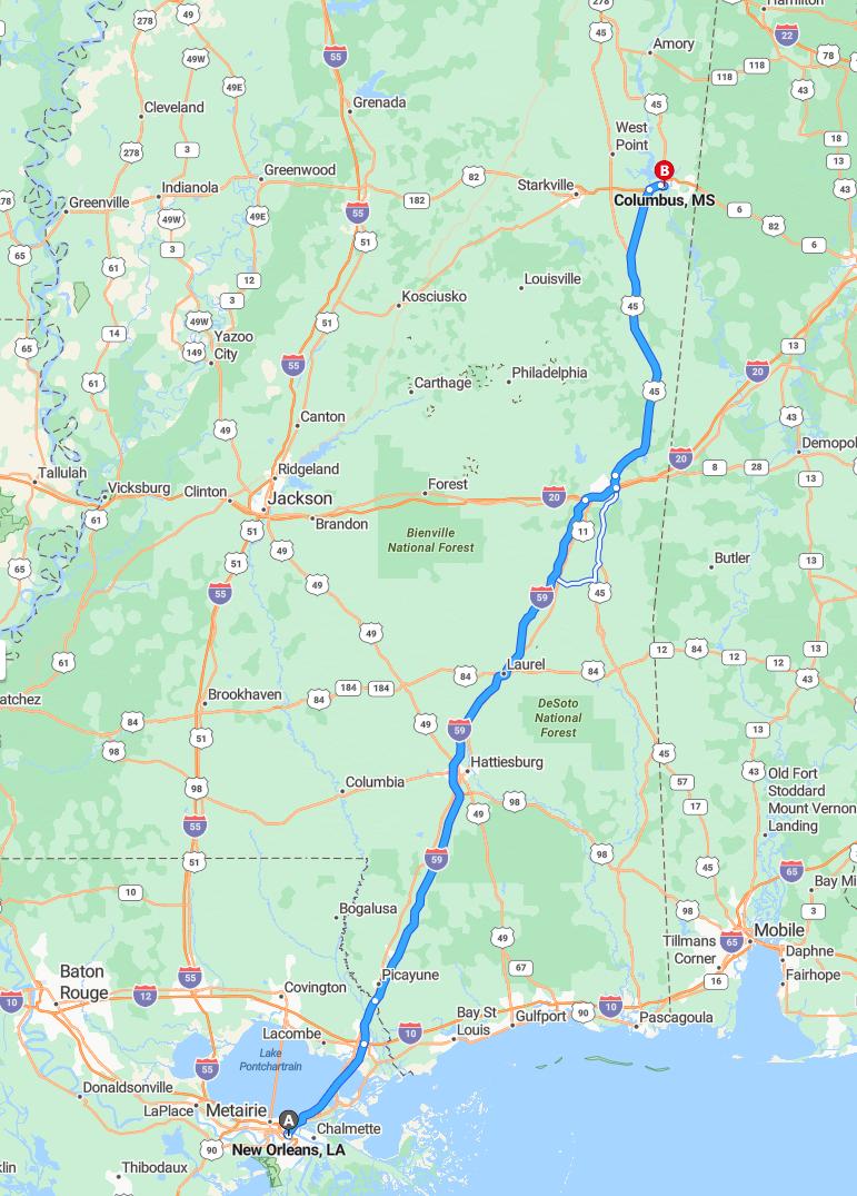 driving from New Orleans, Louisiana to ColumbusMississippi - map and route