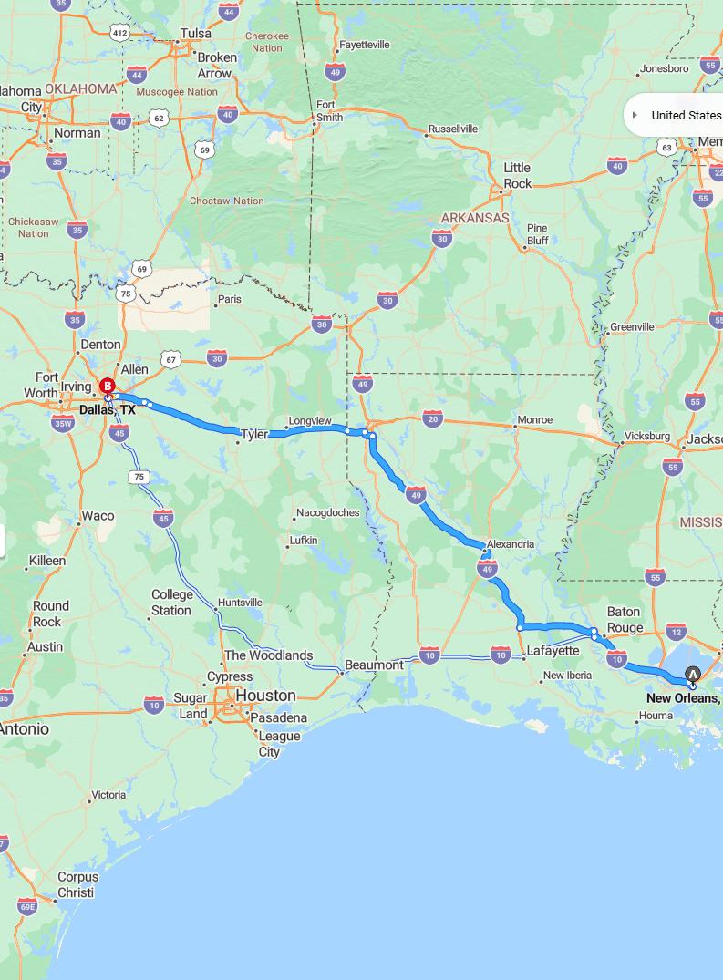 driving from New Orleans, Louisiana to DallasTexas - map and route