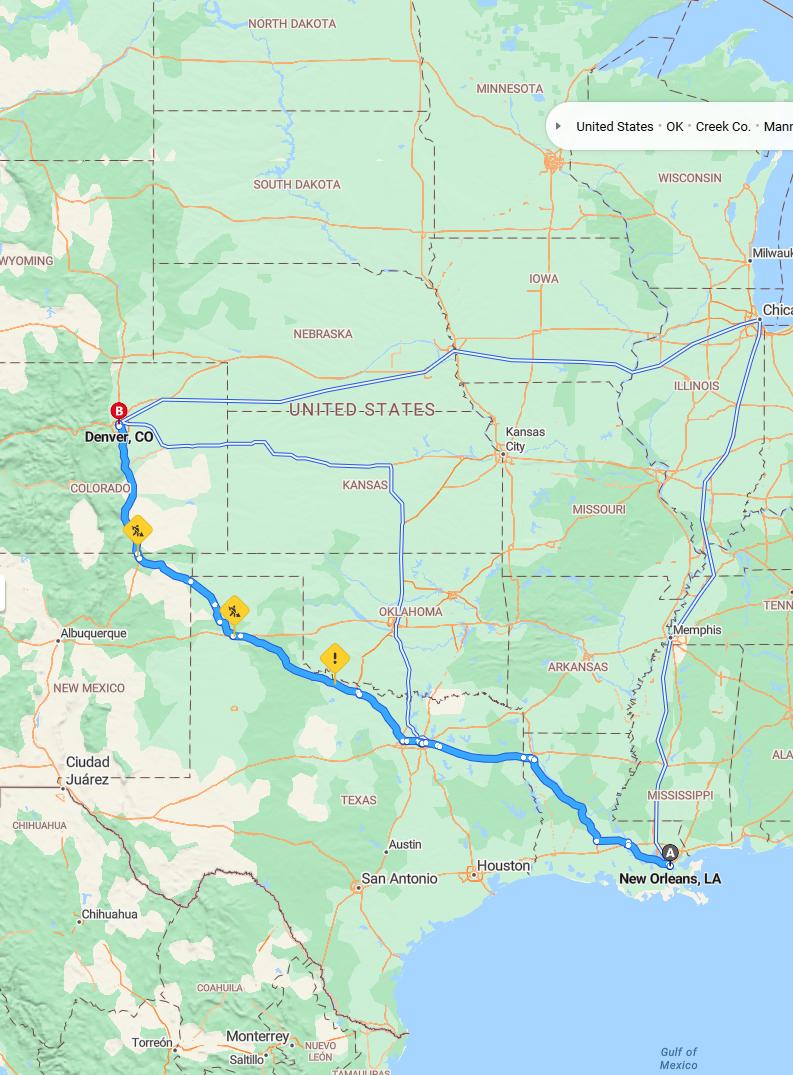 driving from New Orleans, Louisiana to DenverColorado - map and route