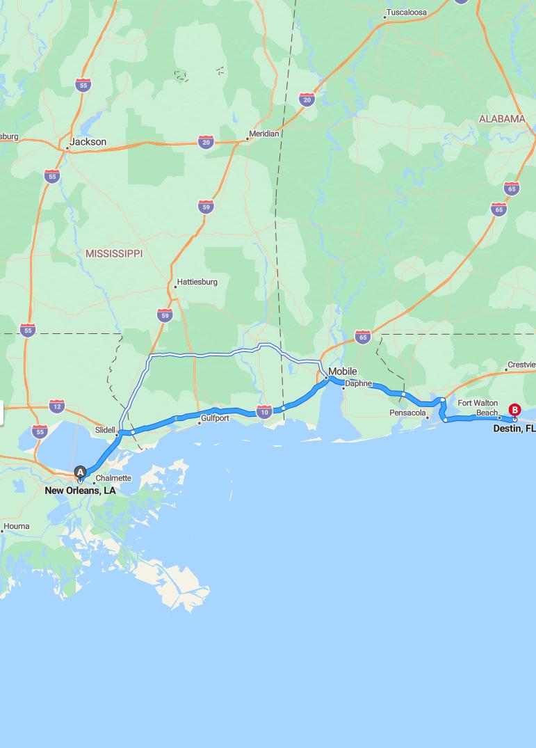 driving from New Orleans, Louisiana to DestinFlorida - map and route