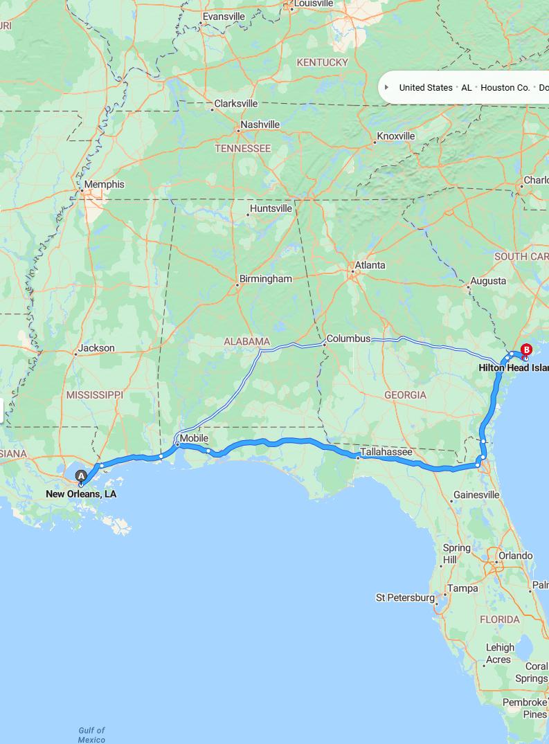 driving from New Orleans, Louisiana to Hilton HeadSouth Carolina - map and route