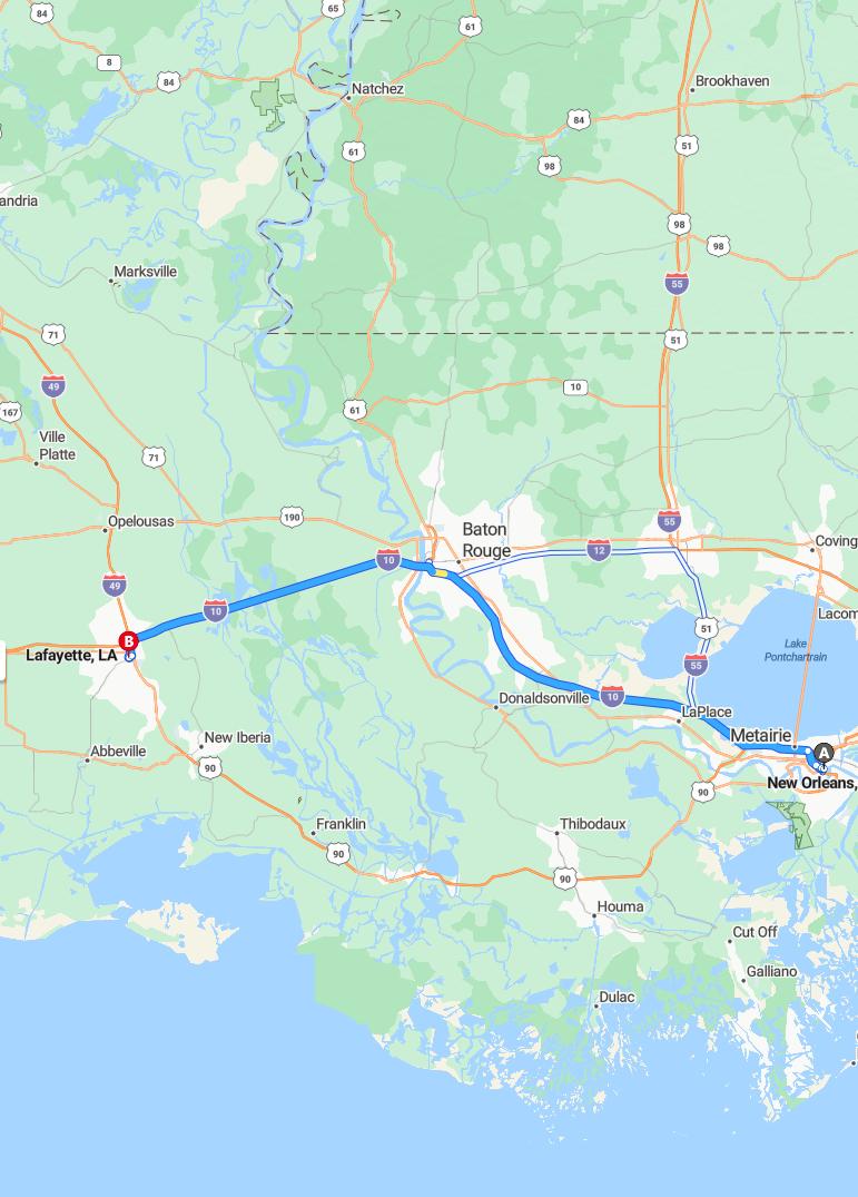 driving from New Orleans, Louisiana to LafayetteLouisiana - map and route