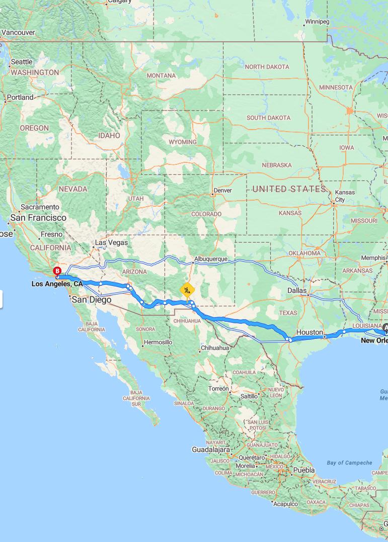 driving from New Orleans, Louisiana to Los AngelesCalifornia - map and route