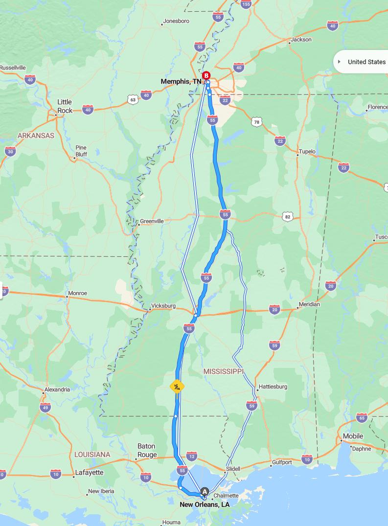 driving from New Orleans, Louisiana to MemphisTennessee - map and route