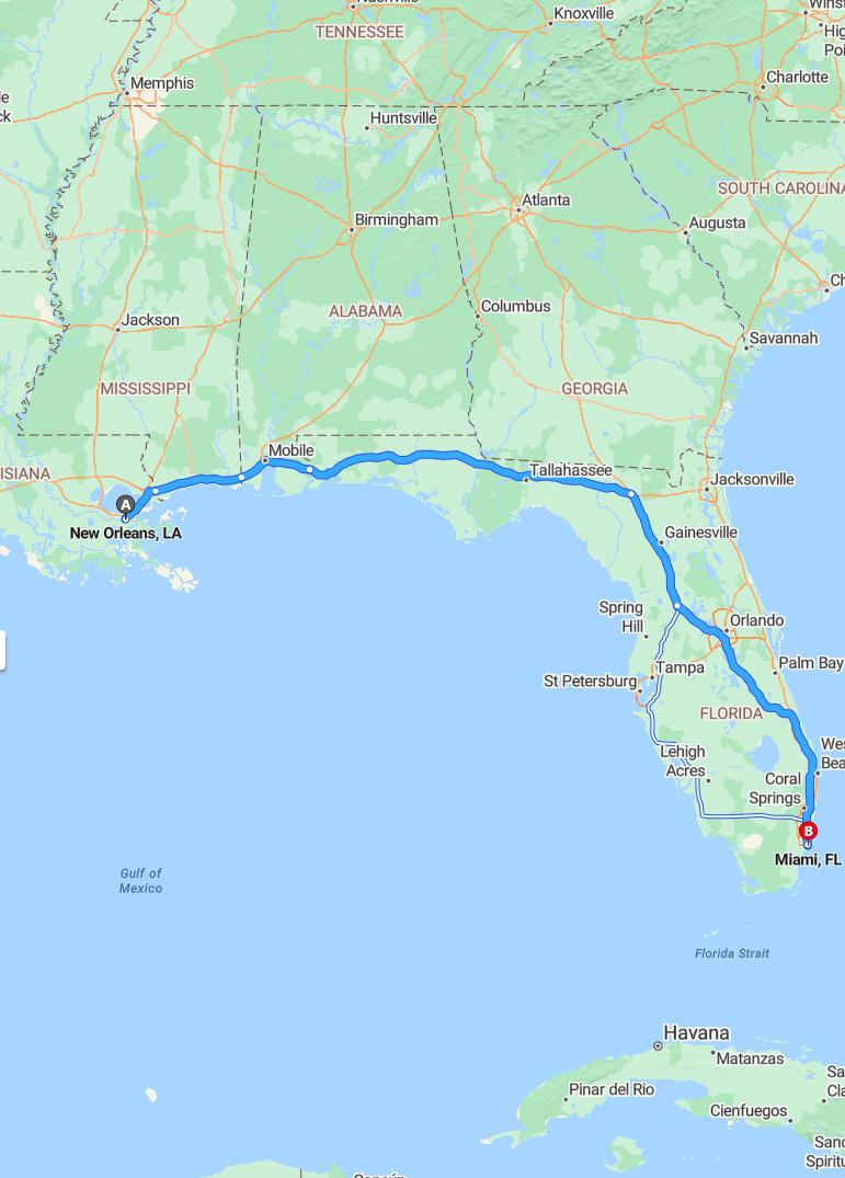 driving from New Orleans, Louisiana to MiamiFlorida - map and route