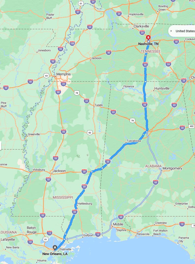 driving from New Orleans, Louisiana to NashvilleTennessee - map and route