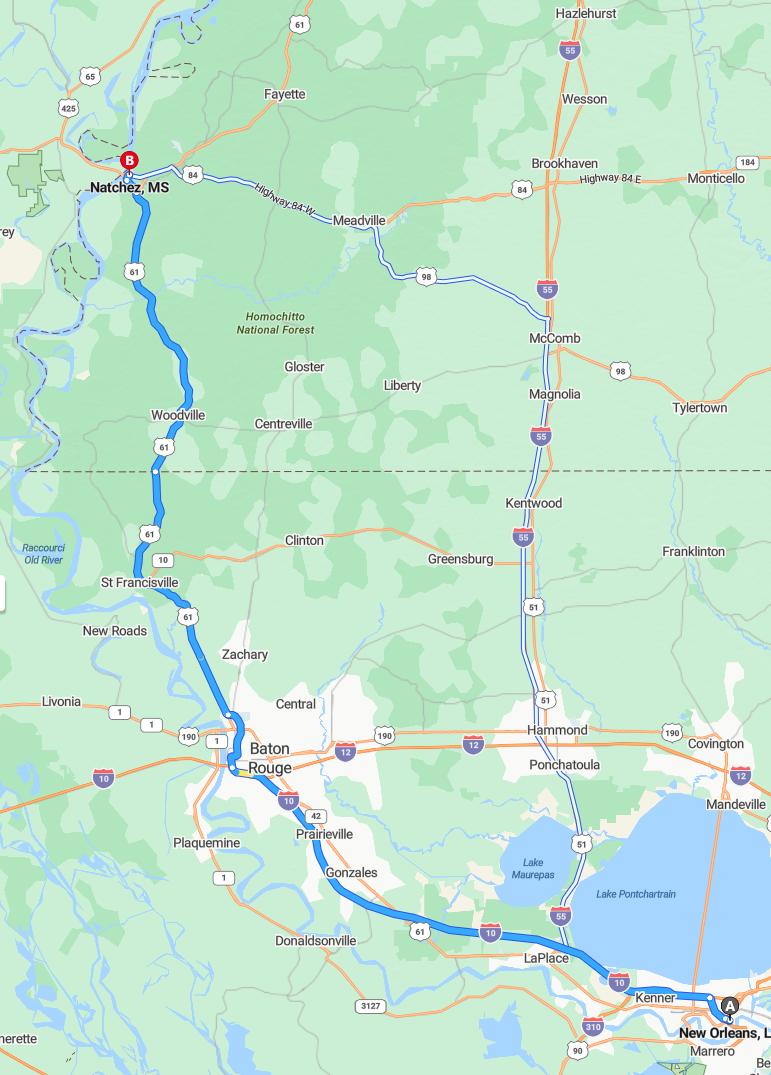 driving from New Orleans, Louisiana to NatchezMississippi - map and route
