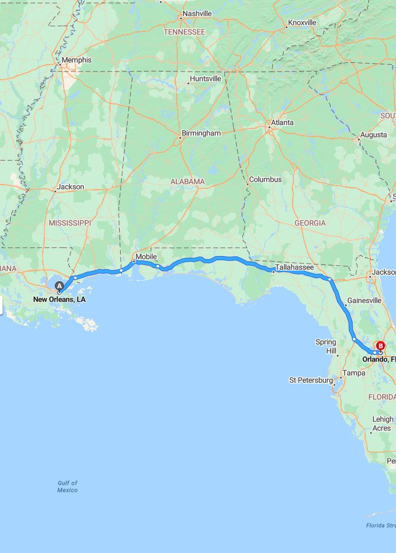 driving from New Orleans, Louisiana to OrlandoFlorida - map and route