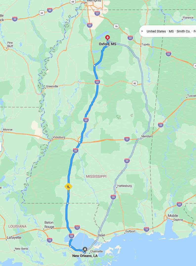 driving from New Orleans, Louisiana to OxfordMississippi - map and route