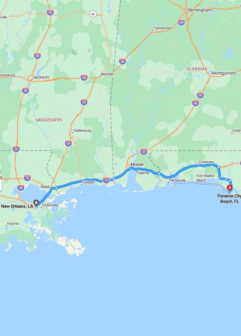 driving from New Orleans, Louisiana to Panama City BeachFlorida - map and route