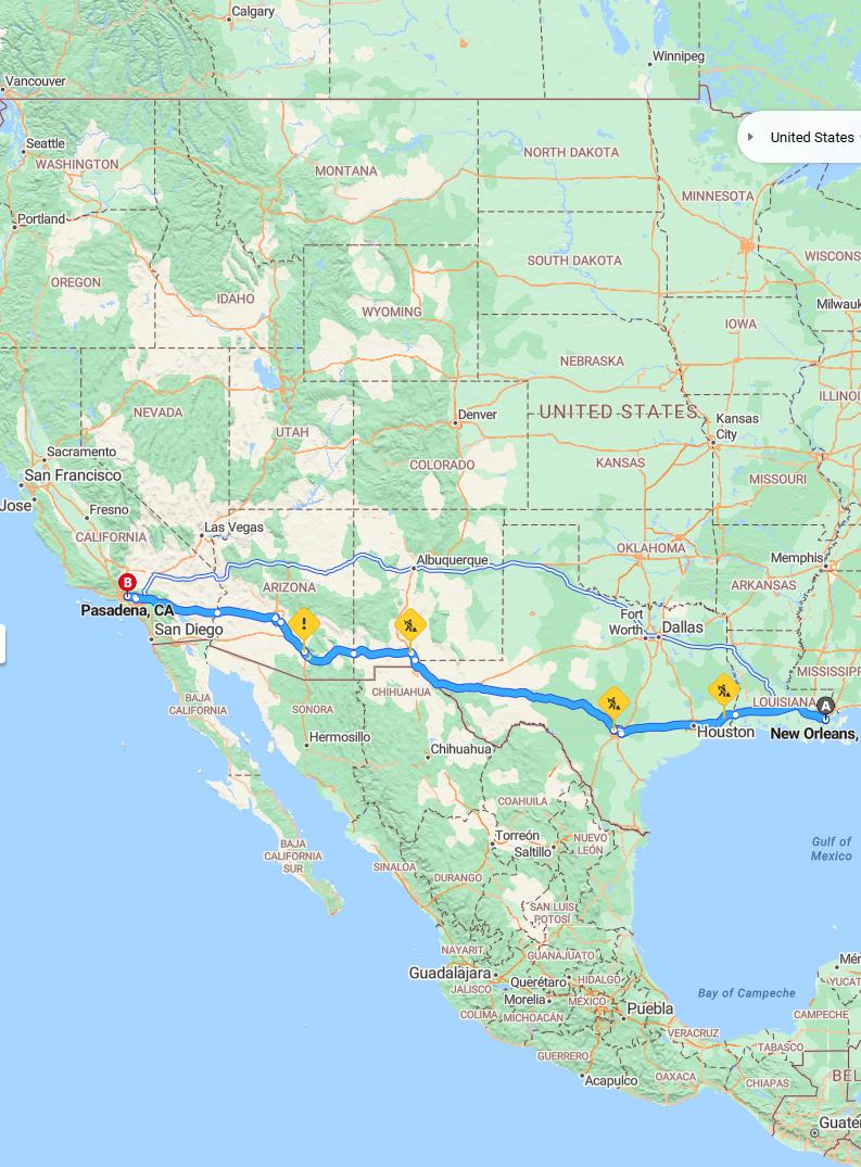 driving from New Orleans, Louisiana to PasadenaCalifornia - map and route