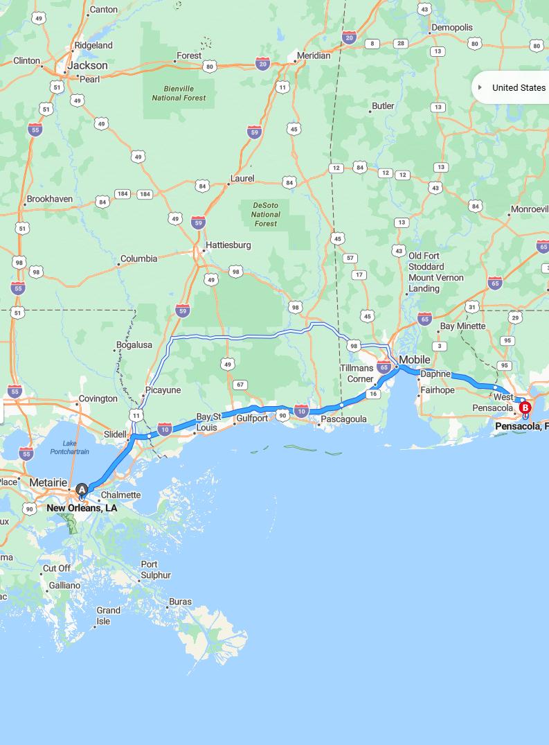 driving from New Orleans, Louisiana to PensacolaFlorida - map and route