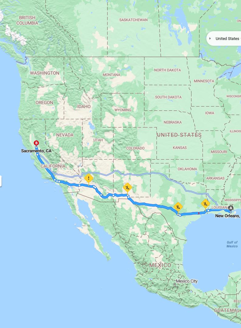 driving from New Orleans, Louisiana to SacramentoCalifornia - map and route