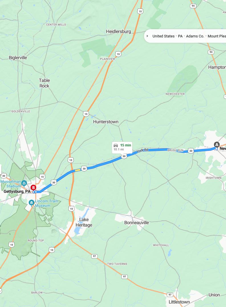 driving from New Oxford, Pennsylvania to GettysburgPennsylvania - map and route