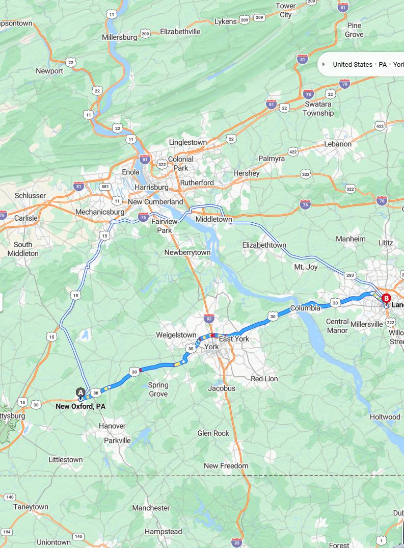 driving from New Oxford, Pennsylvania to LancasterPennsylvania - map and route