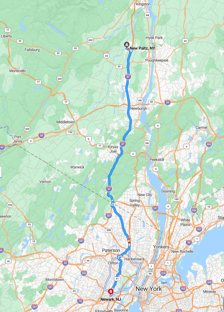 driving from New Paltz, New York to NewarkNew Jersey - map and route