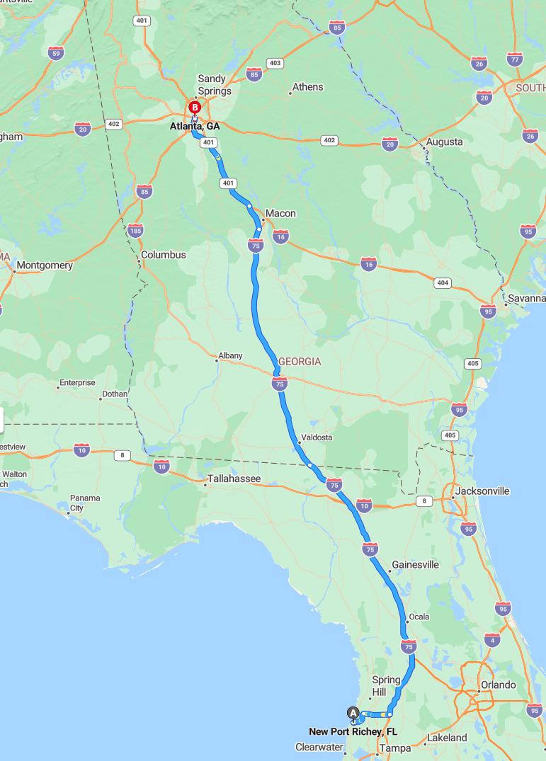 driving from New Port Richey, Florida to AtlantaGeorgia - map and route