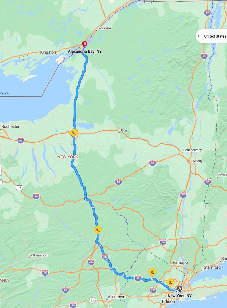 driving from New York City, New York to Alexandria BayNew York - map and route