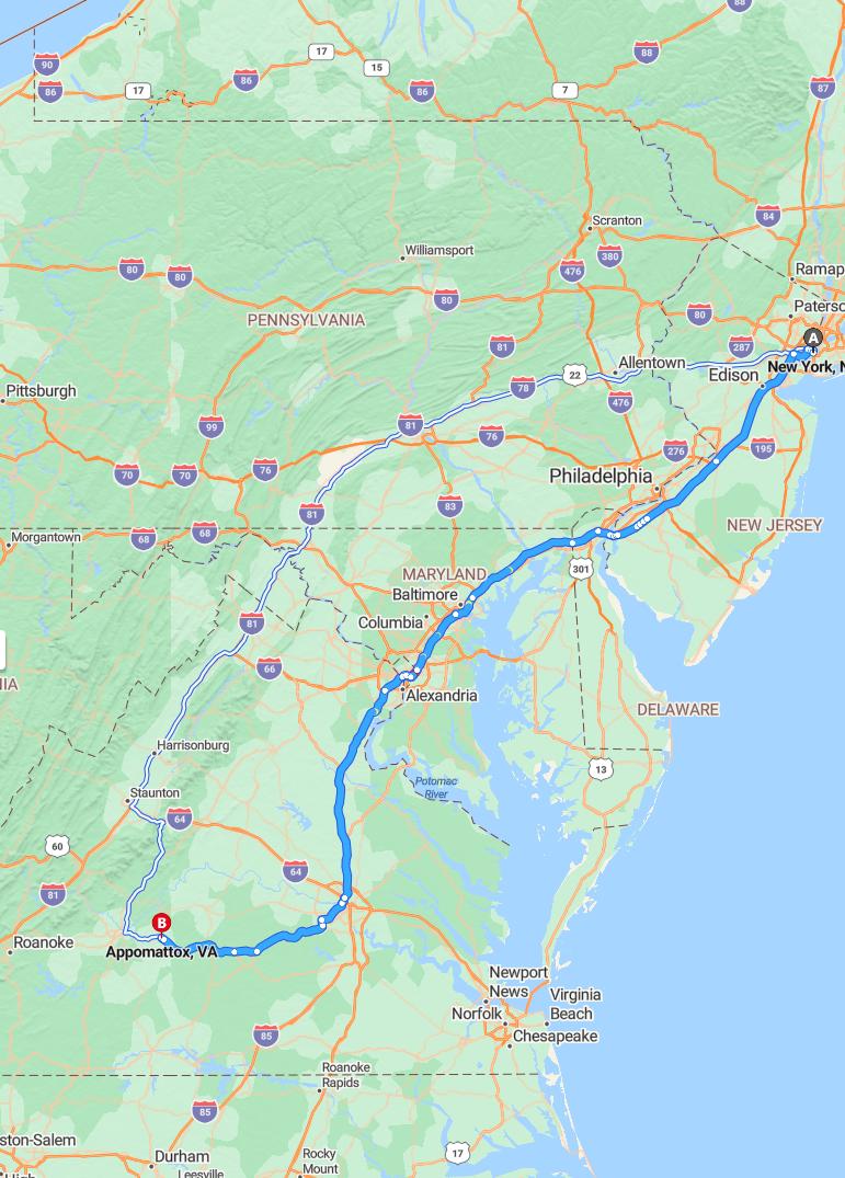 driving from New York City, New York to AppomattoxVirginia - map and route