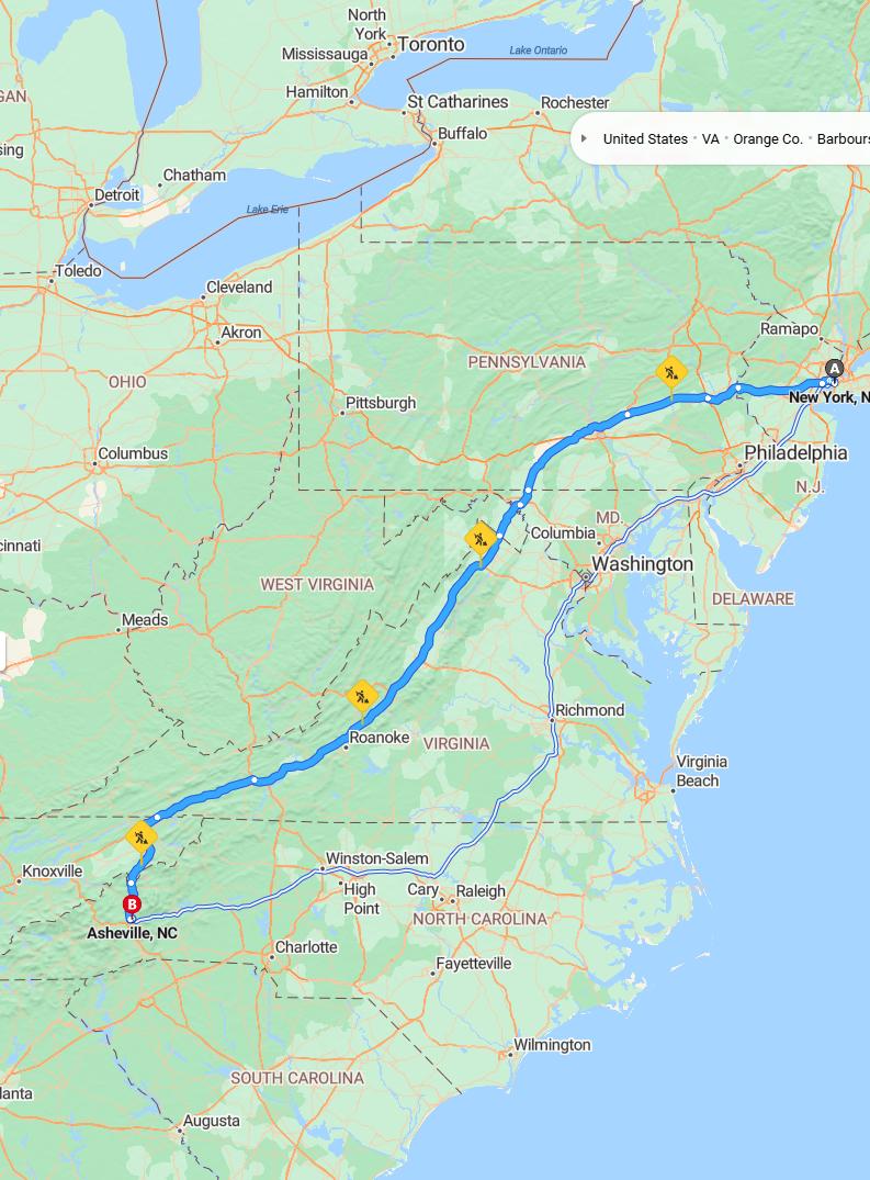 driving from New York City, New York to AshevilleNorth Carolina - map and route