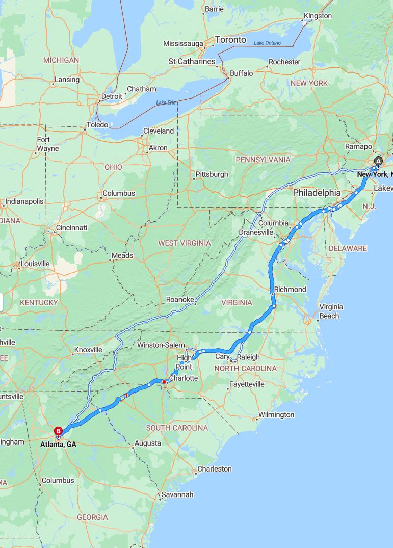 driving from New York City, New York to AtlantaGeorgia - map and route