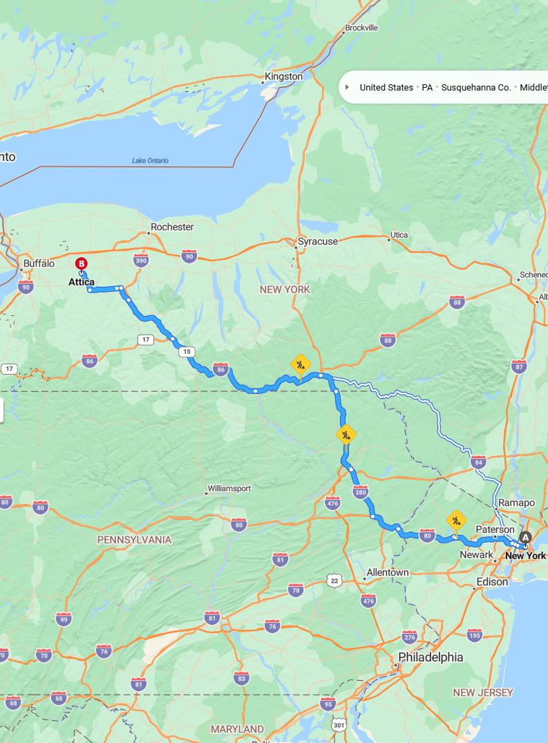 driving from New York City, New York to AtticaNew York - map and route